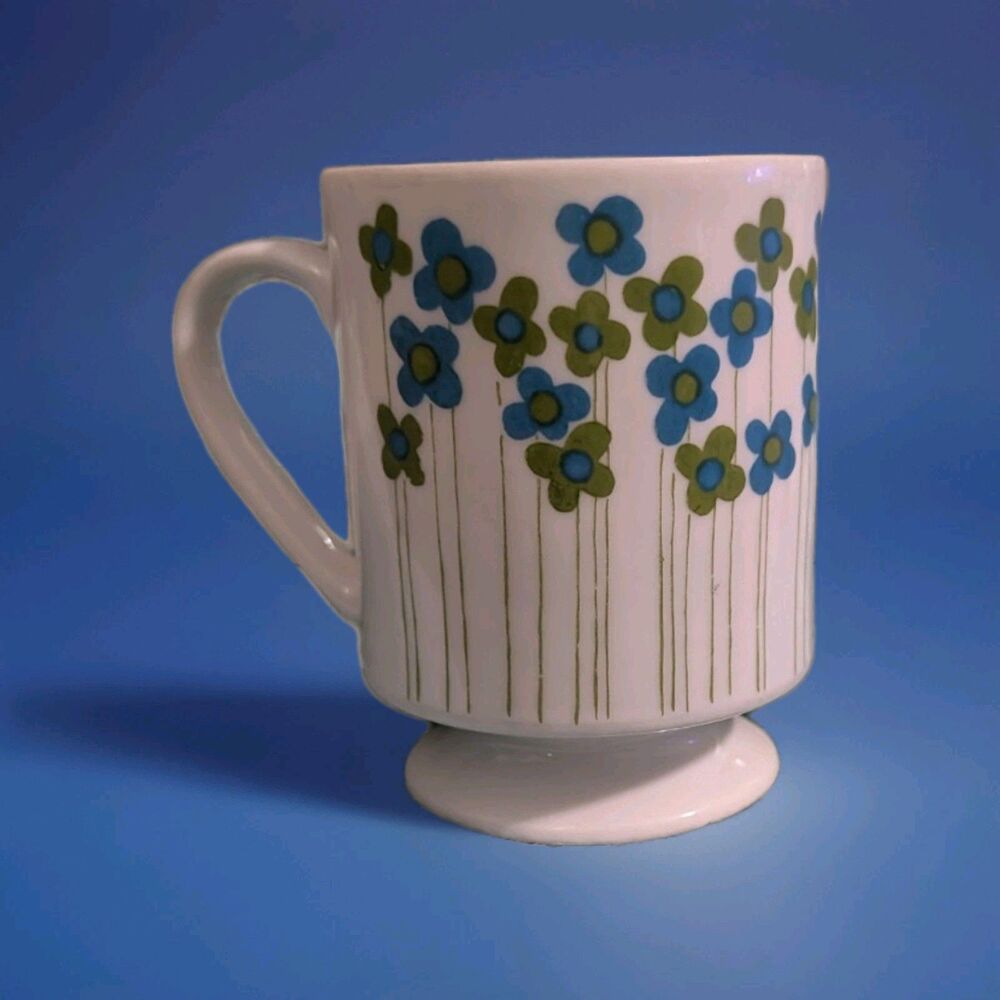 Vintage Takahashi Flower Power Mug - Blue & Avocado Green 1960s MCM